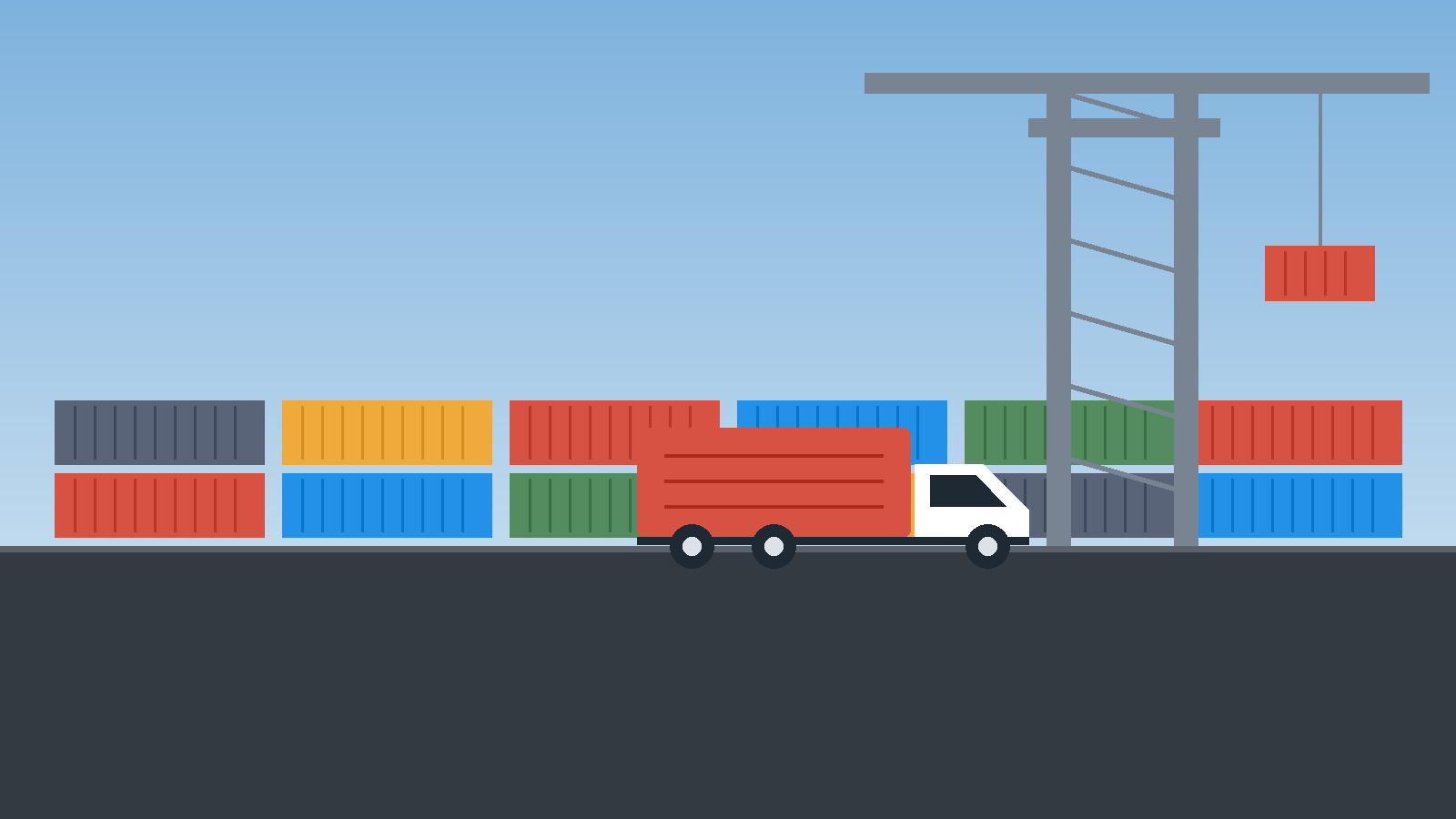 Container truck at a port terminal under a gantry crane